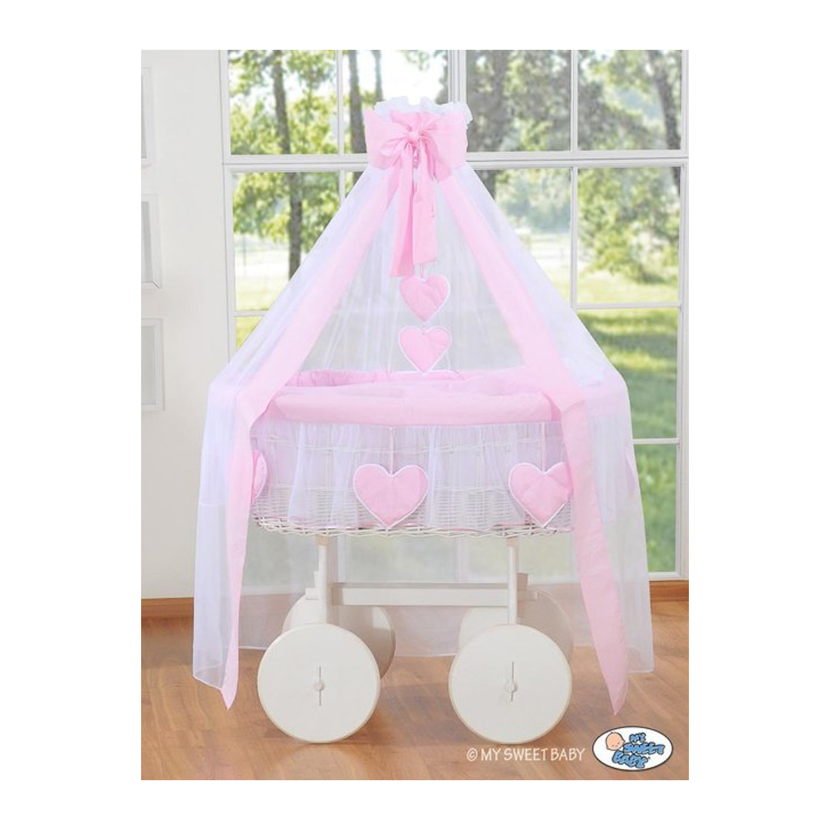 Moseskorb mit Baldachin Deluxe Amelie von My Sweet Baby aus Weide in Rosa, Weiß und Creme - Bild 1