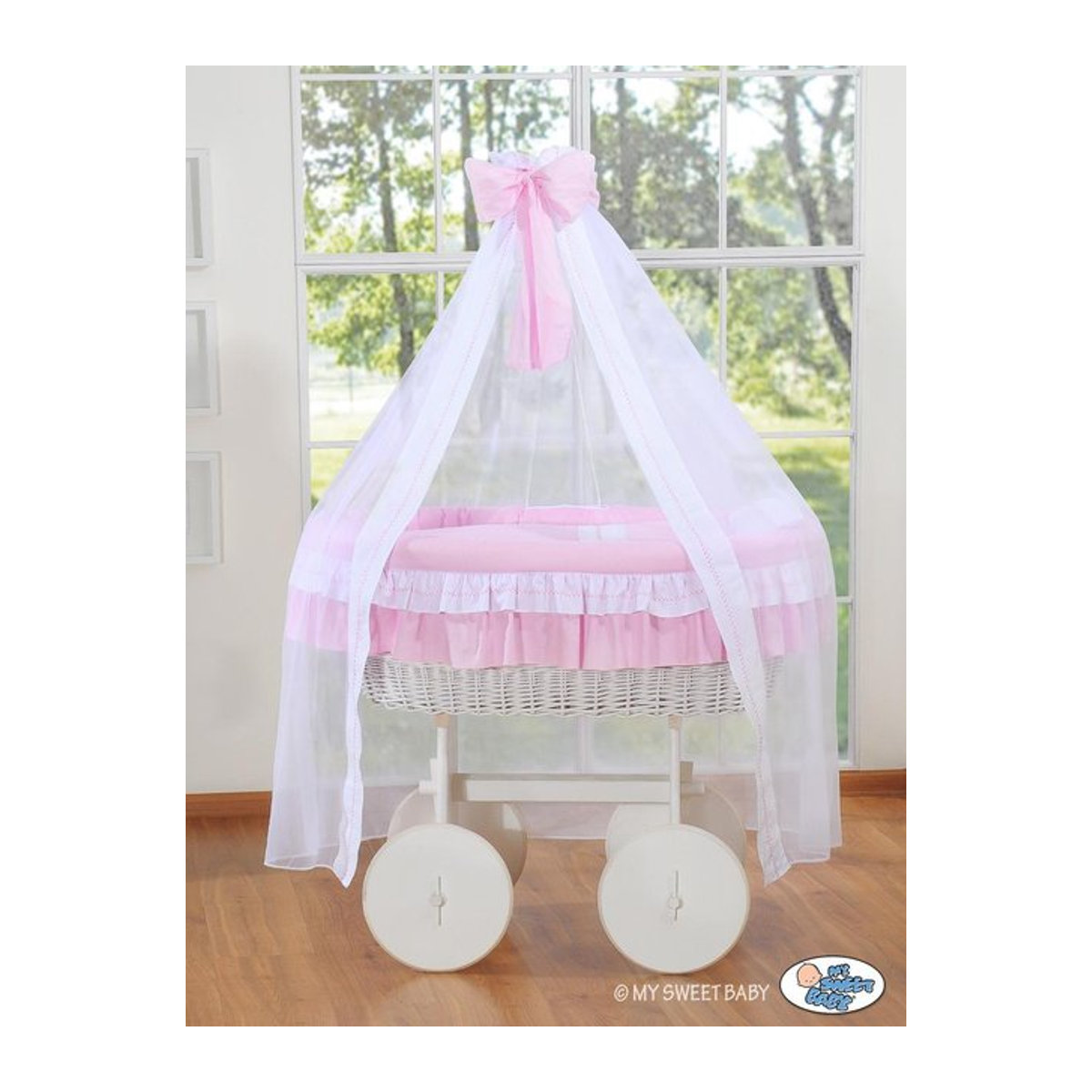 Moseskorb mit Baldachin Deluxe My Sweet Baby Weidenkorb in Pink - Bild 1