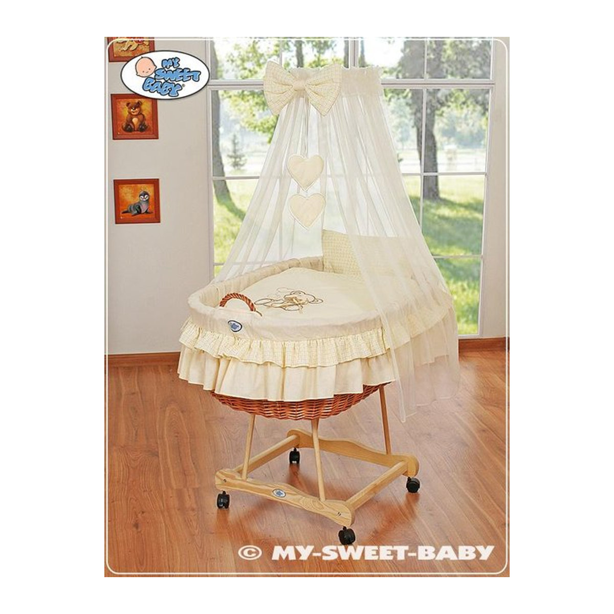 Moseskorb mit Verdeck von MY SWEET BABY als Weidenkorb mit Teddybär und Schleife in Creme - Bild 1