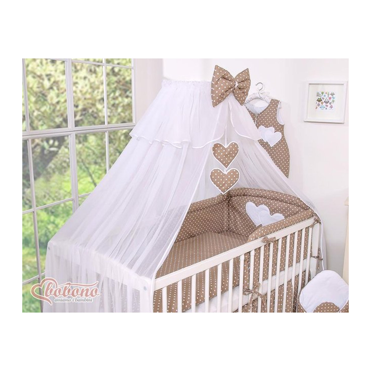 Moskitonetz für Babybetten aus weißem Chiffon mit Herz- und Punktmuster in Braun und Weiß zum Schutz deines Babys - Bild 1