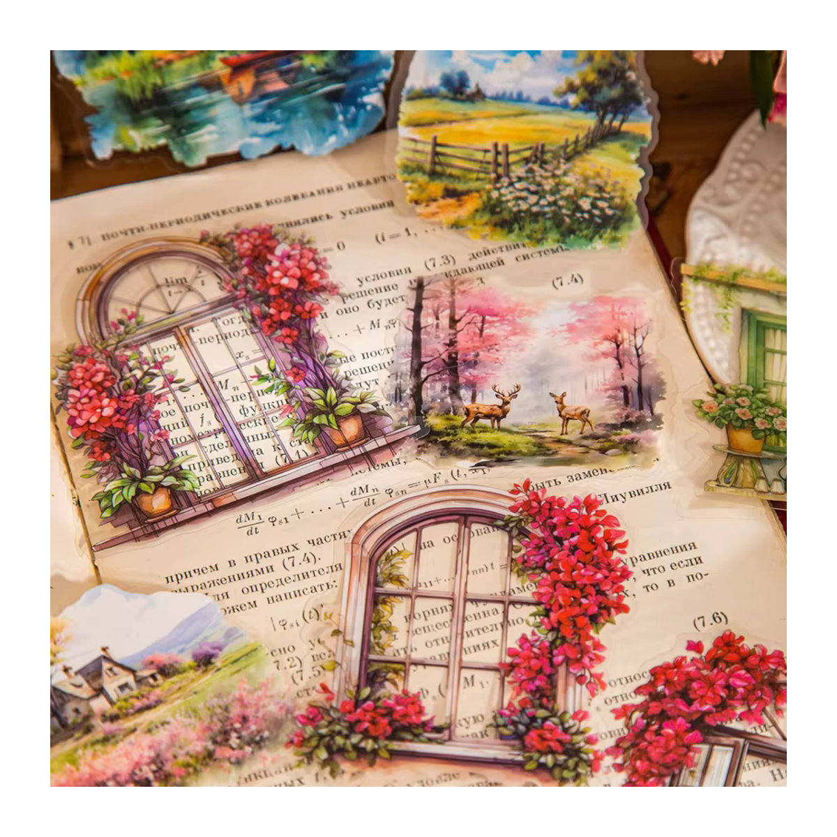 Mr. Paper 10er Paket Wasserdichte PET Aufkleber Vier Jahreszeiten Fenster Spiegel Serie in Vintage Floral Design, Mehrfarbig - Bild 1