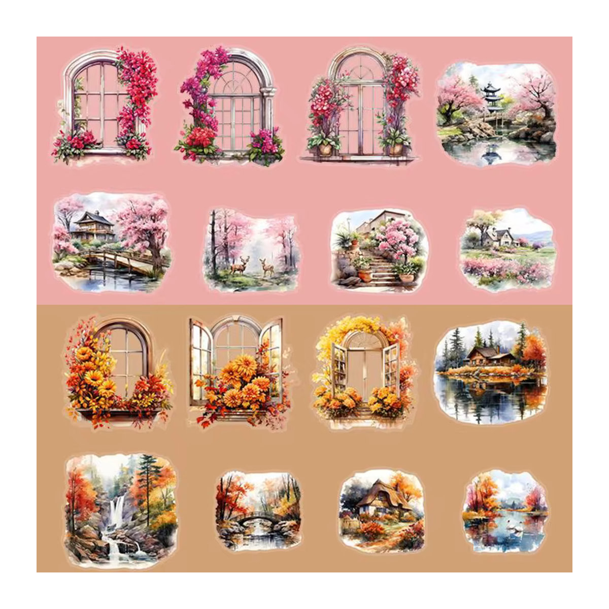 Mr. Paper 10er Paket Wasserdichte PET Aufkleber Vier Jahreszeiten Fenster Spiegel Serie in Vintage Floral Design, Mehrfarbig - Bild 2