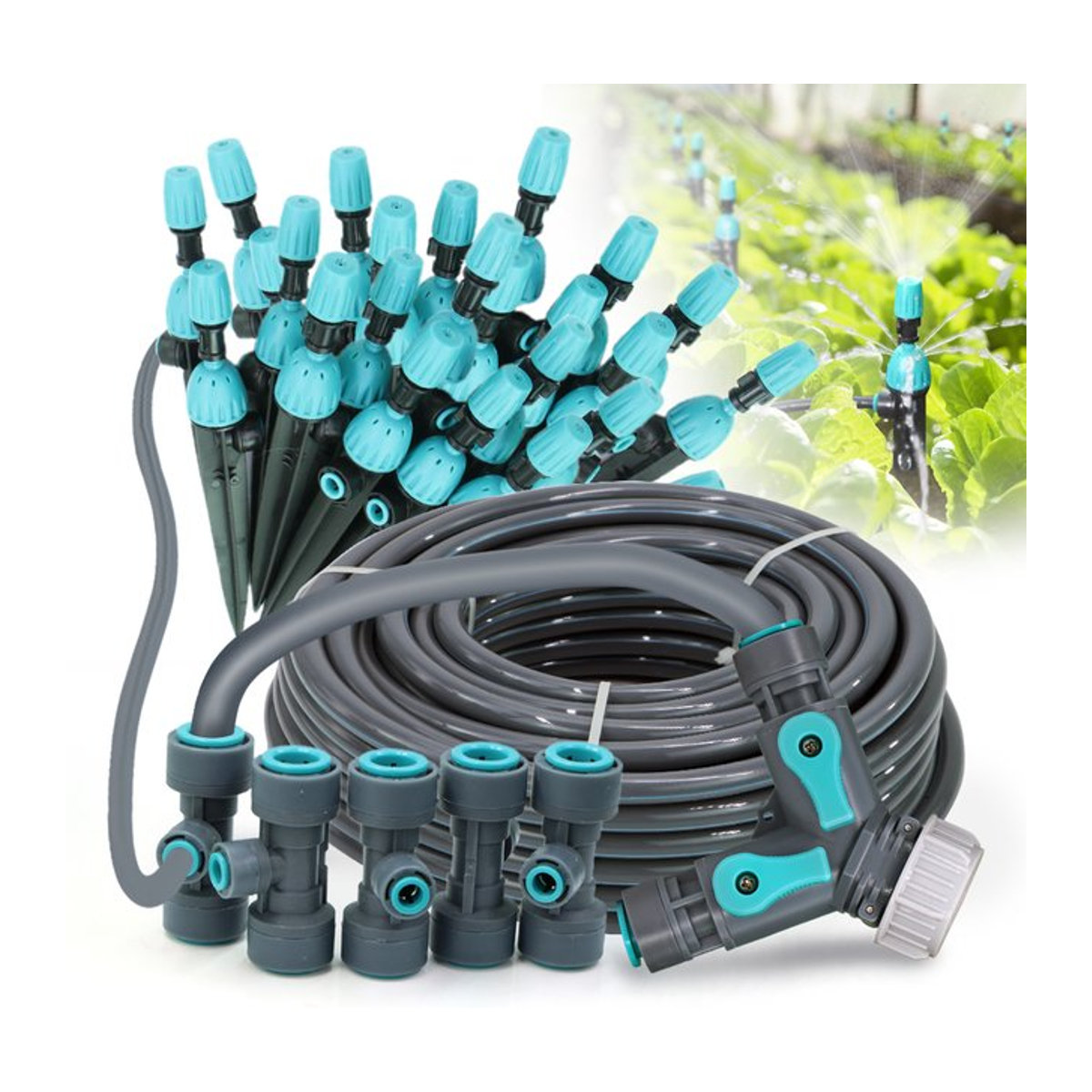 MUCIAKIE 2-in-1 Gartenbewässerungssystem mit 3/8 Zoll PE-Schlauch, einstellbarer 360 Grad Sprinkler und Micro Drip Sprayer Kit in Multicolor - Bild 1