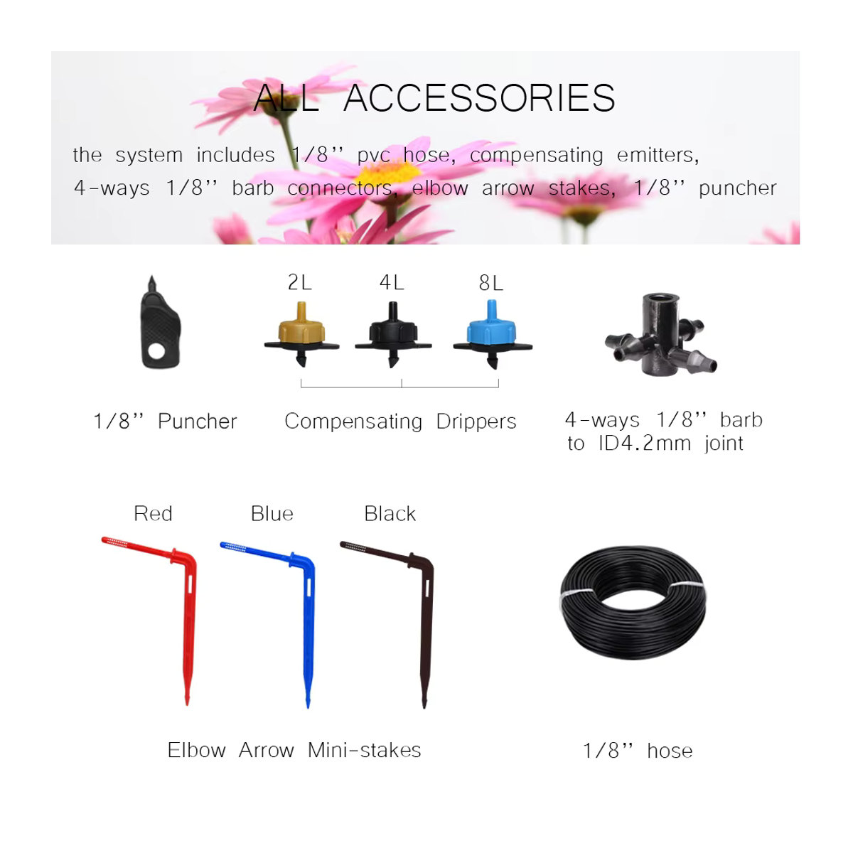 MUCIAKIE Bewässerungs-Set für Gewächshäuser mit Mini-Stake-System, Verteilungselbogen und Pfeil-Tropfern für 3/5mm Tropfbewässerung - Bild 3