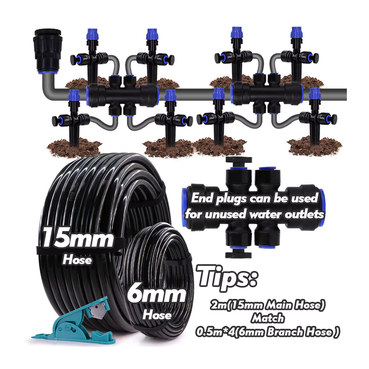 MUCIAKIE Micro-Bewässerungssystem mit 8-Loch verstellbarem Sprinkler, 15mm PE-Schlauch und Schnellanschluss, Schwarz - Bild 4