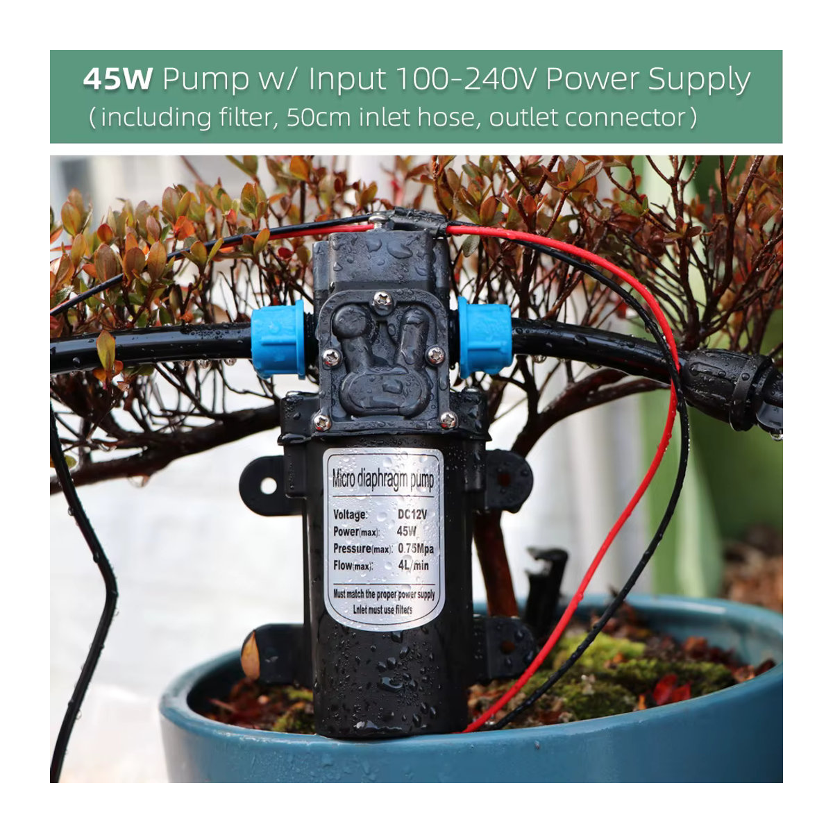 MUCIAKIE Selbstansaugende Gartenpumpe 45W mit Netzteil für automatisches Bewässerungs- und Beschlagungssystem - Bild 3