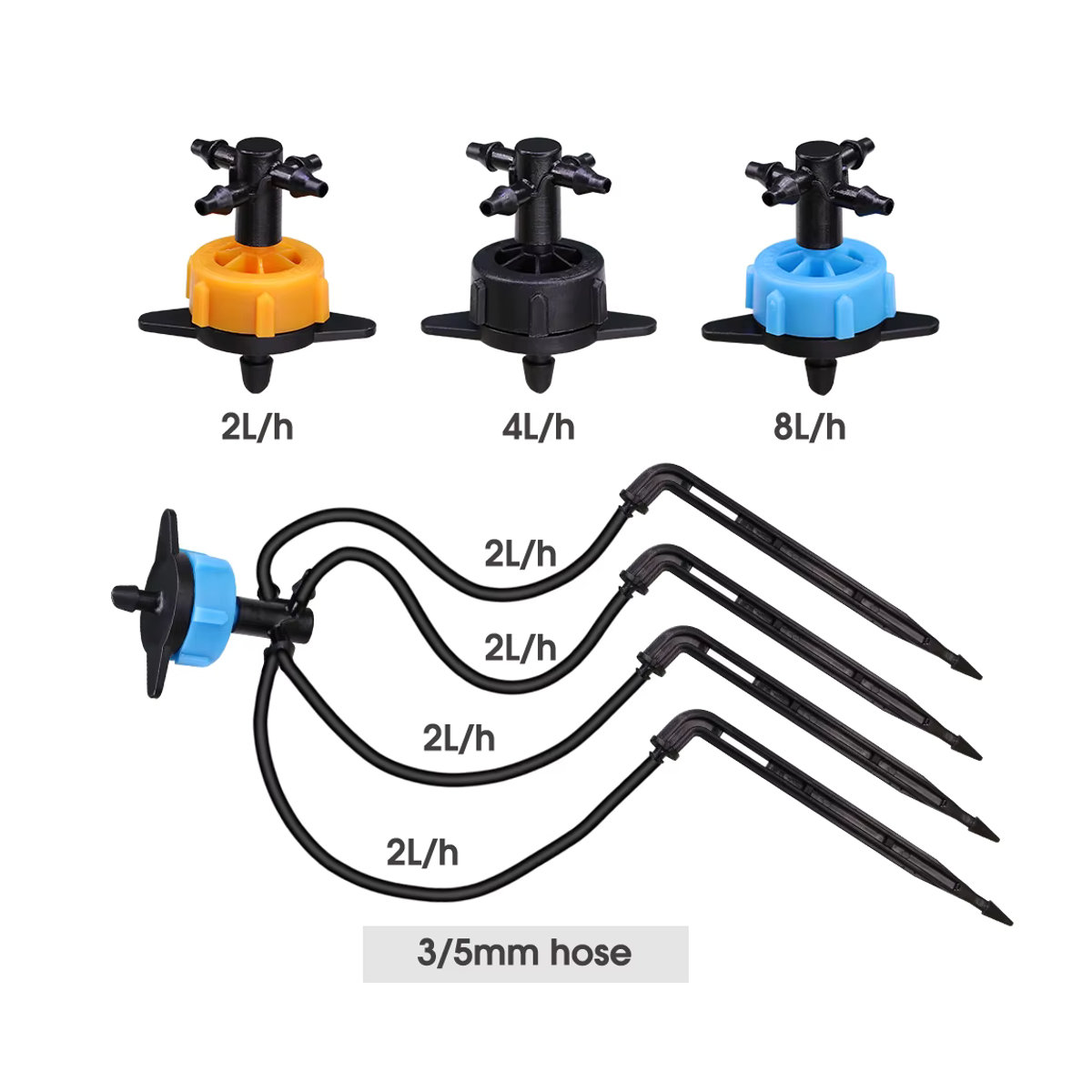 MUCIAKIE Tropf-Bewässerungssystem mit 2/4-Wege-Stecker und Emitter für Bonsai und Blumentöpfe, Schwarz - Bild 2