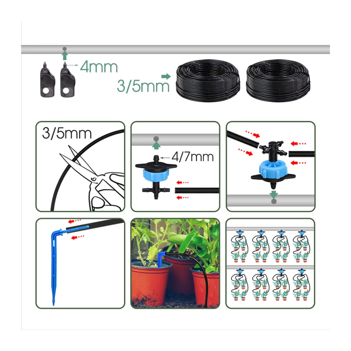 MUCIAKIE Tropf-Bewässerungssystem mit 2/4-Wege-Stecker und Emitter für Bonsai und Blumentöpfe, Schwarz - Bild 6