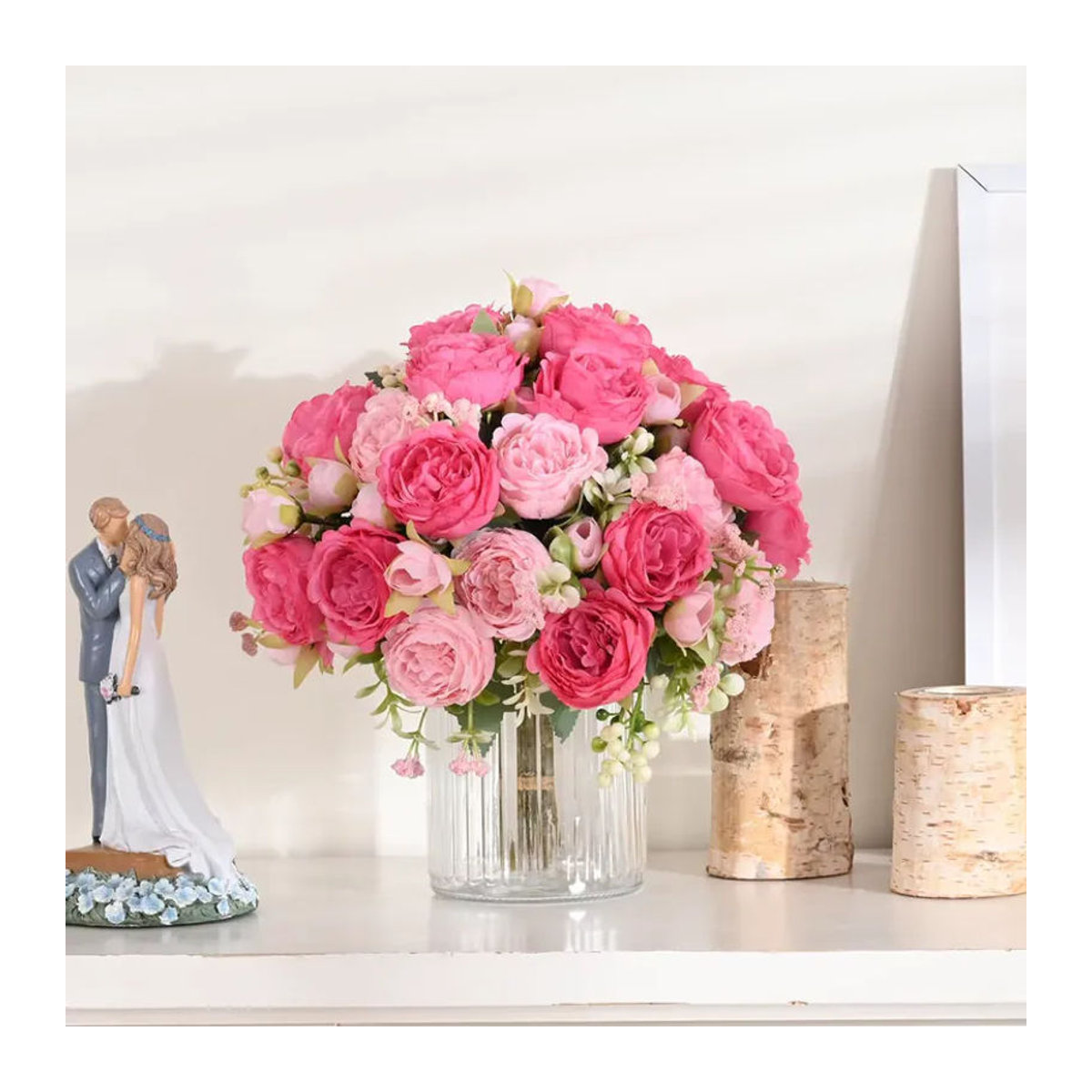 MUFU Künstlicher Pfingstrosenstrauß aus Textil in Rosa und Beige als florale Dekoration für Hochzeiten und als Tischdekoration - Bild 1