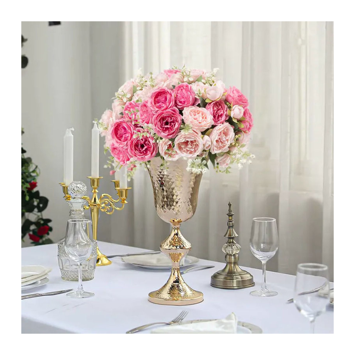 MUFU Künstlicher Pfingstrosenstrauß aus Textil in Rosa und Beige als florale Dekoration für Hochzeiten und als Tischdekoration - Bild 2