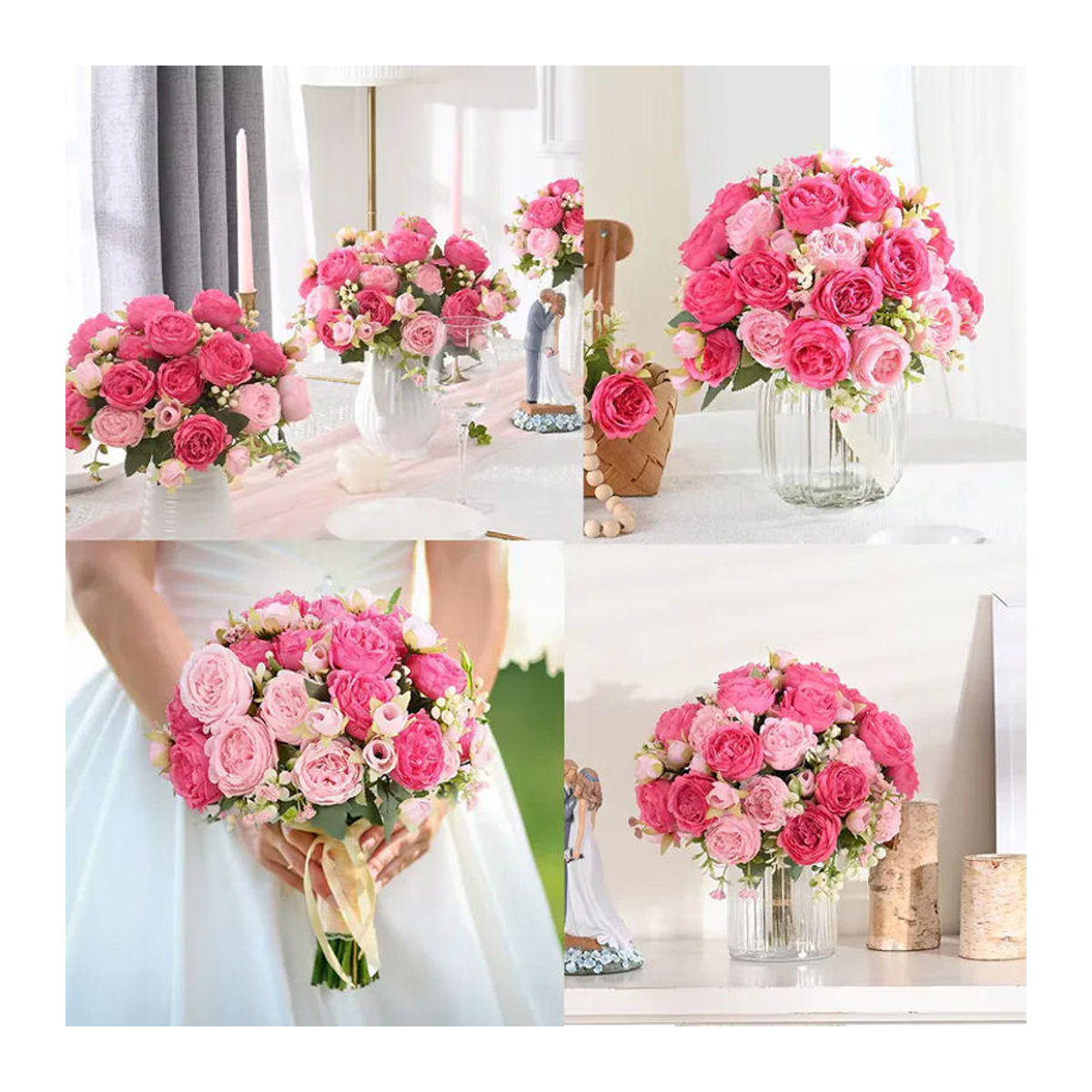 MUFU Künstlicher Pfingstrosenstrauß aus Textil in Rosa und Beige als florale Dekoration für Hochzeiten und als Tischdekoration - Bild 3