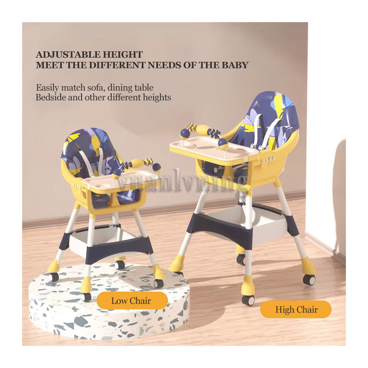 Multifunktionaler Hochstuhl von yuanlvning als klappbarer Baby-Essstuhl und Kinderfütterungsstuhl mit bremsbaren Universalrädern in Gelb und Bunt - Bild 2