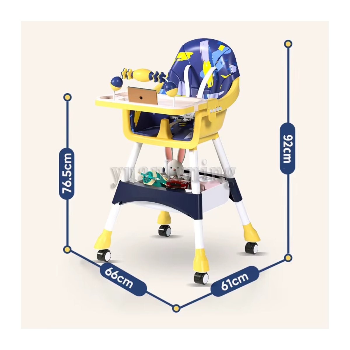 Multifunktionaler Hochstuhl von yuanlvning als klappbarer Baby-Essstuhl und Kinderfütterungsstuhl mit bremsbaren Universalrädern in Gelb und Bunt - Bild 5