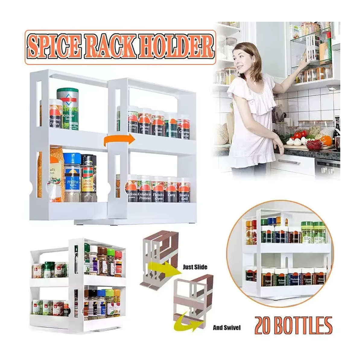 Multifunktionales 2-stufiges Gewürz-Organizer-Rack mit Drehfunktion und Rutsche in Weiß - Bild 3