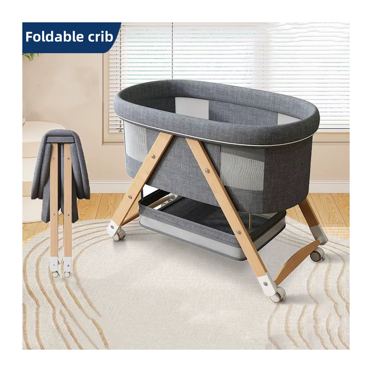 Multifunktionales faltbares Babybett aus Holz als mobiles Beistellbett und Schlafwagen - Bild 2