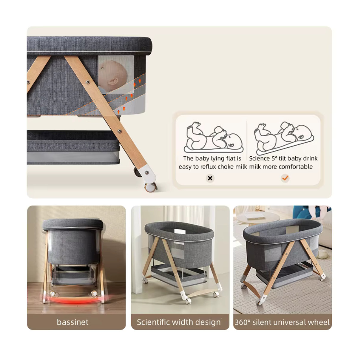 Multifunktionales faltbares Babybett aus Holz als mobiles Beistellbett und Schlafwagen - Bild 3