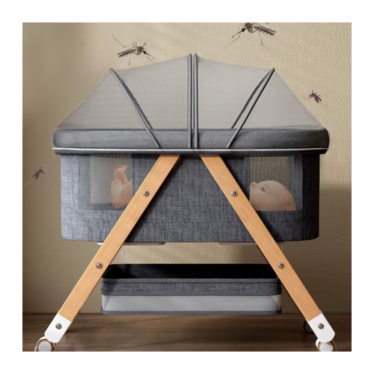 Multifunktionales faltbares Babybett aus Holz als mobiles Beistellbett und Schlafwagen - Bild 5