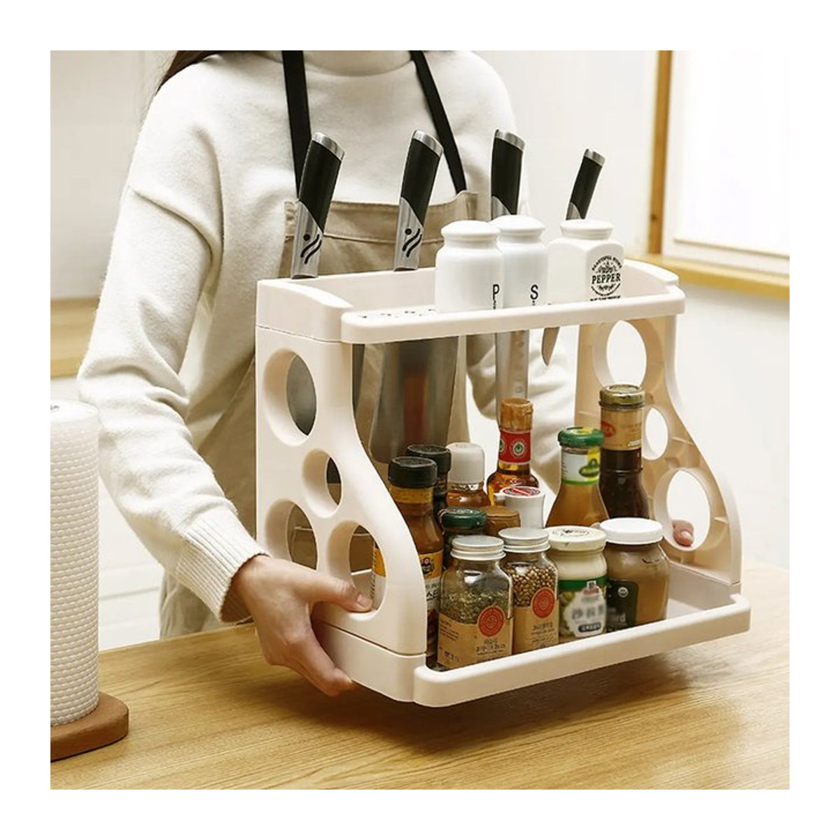 Multifunktionales Lagerregal mit doppelter rechteckiger Arbeitsplatte in Beige als platzsparender Organizer für Schlafzimmer und Schlafsäle - Bild 1