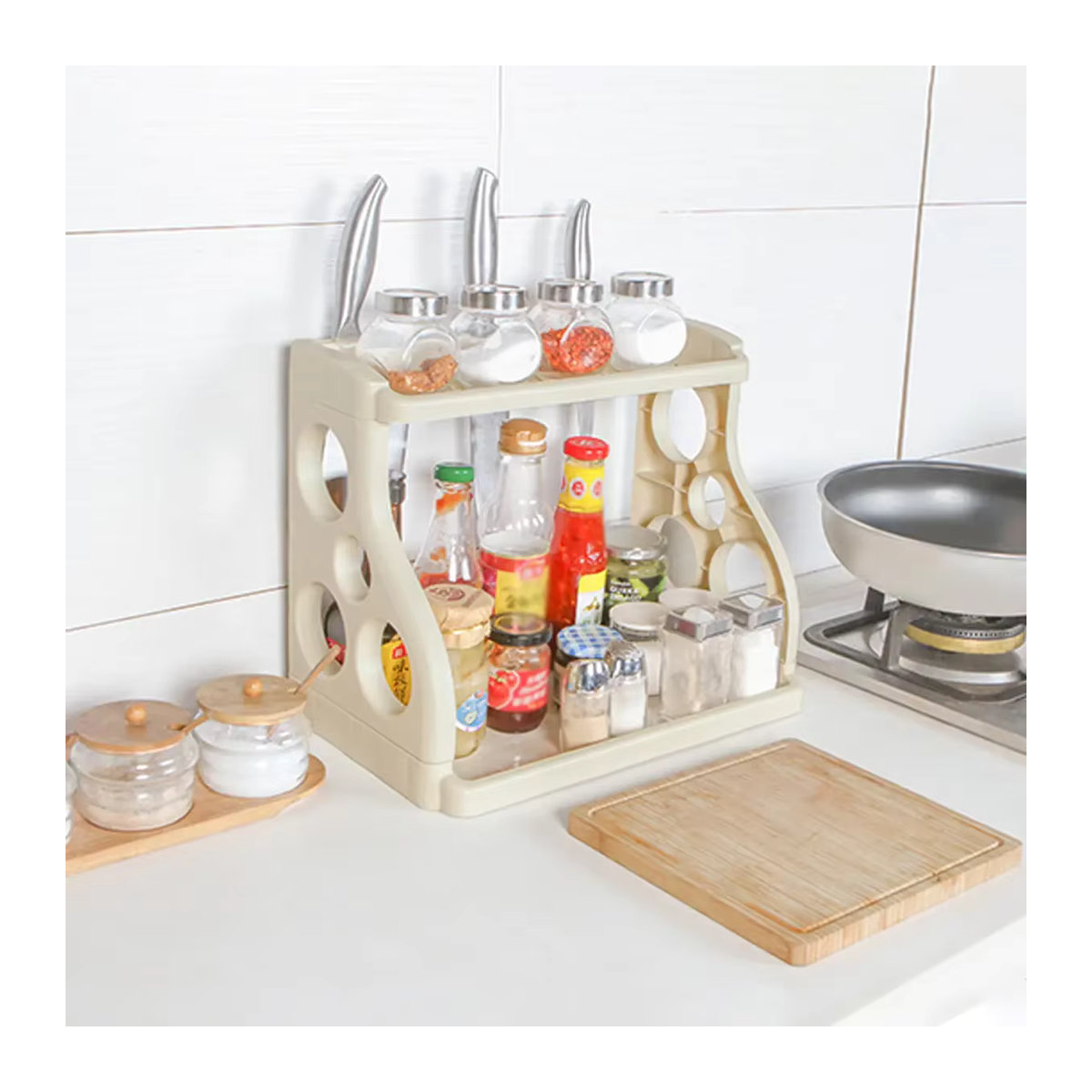 Multifunktionales Lagerregal mit doppelter rechteckiger Arbeitsplatte in Beige als platzsparender Organizer für Schlafzimmer und Schlafsäle - Bild 2