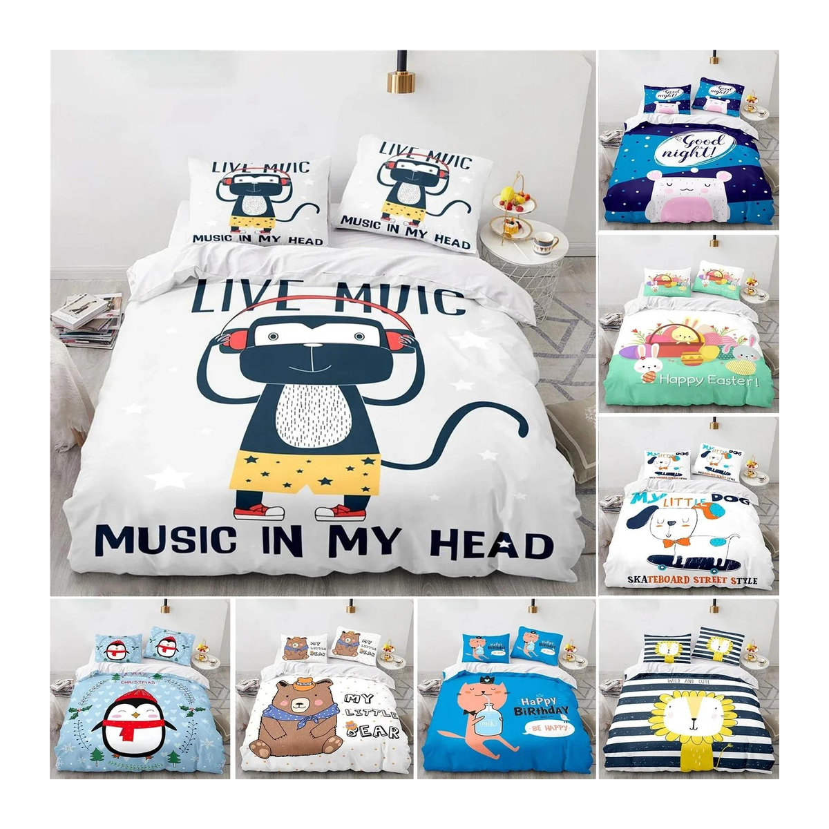 Musikalisches Affen Bettwäsche Set mit Cartoon-Design, 2-teilig, Multicolor, B/H: 70 x 133 cm - Bild 1