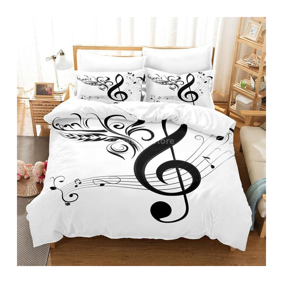 Musiknote Bettwäscheset Schwarz Weiß mit 3D-Design und Reißverschluss, Größe: 173 x 218 cm - Bild 1
