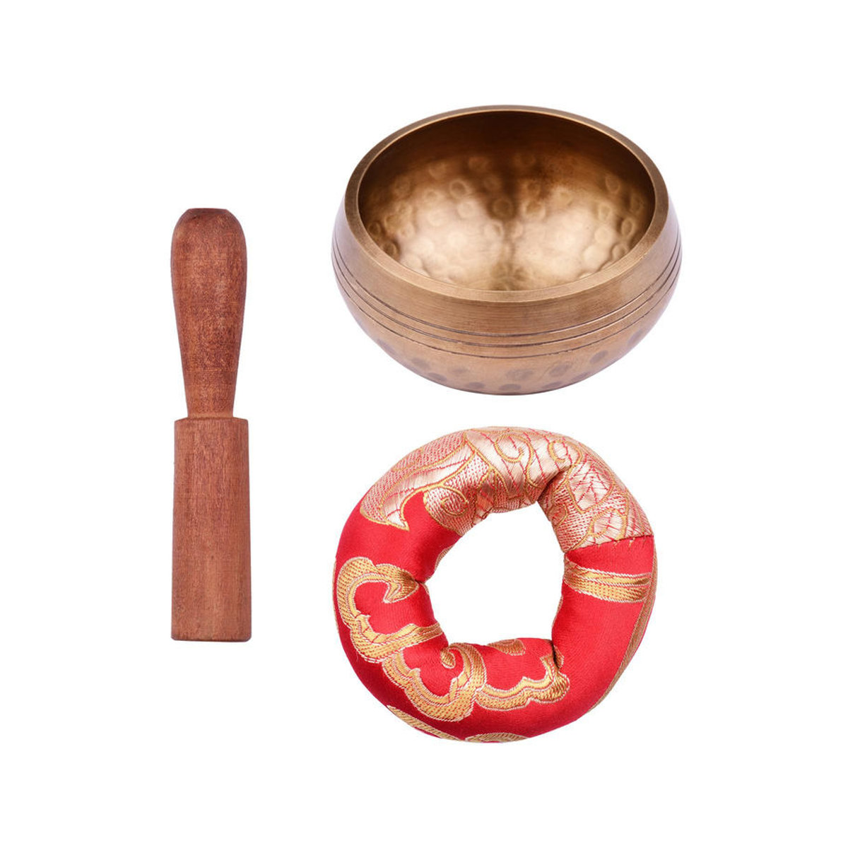 Muslady Tibetisches Klangschalen-Set für Meditation aus Metall in Gold mit Kissen und Holzschlägel, Durchmesser: 8 cm - Bild 4