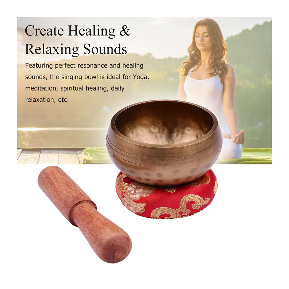 Muslady Tibetisches Klangschalen-Set für Meditation aus Metall in Gold mit Kissen und Holzschlägel, Durchmesser: 8 cm - Bild 8