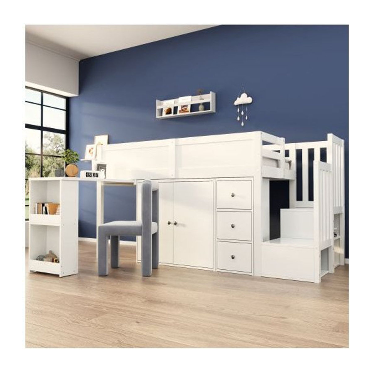 MUVOE Hochbett für Kinder mit ausziehbarem Schreibtisch und integrierter Aufbewahrung, Weiß, B/T/H: 90 x 200 cm - Bild 1