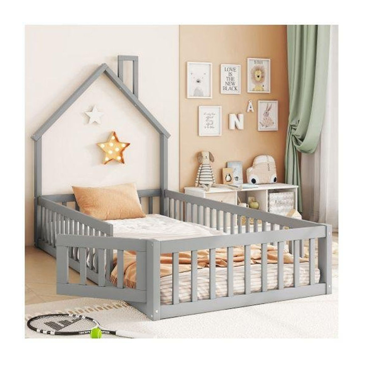 MUVOE Kinderbett mit Sicherheitsgitter im modernen Design, Grau, B: 90 cm, L: 200 cm - Bild 1