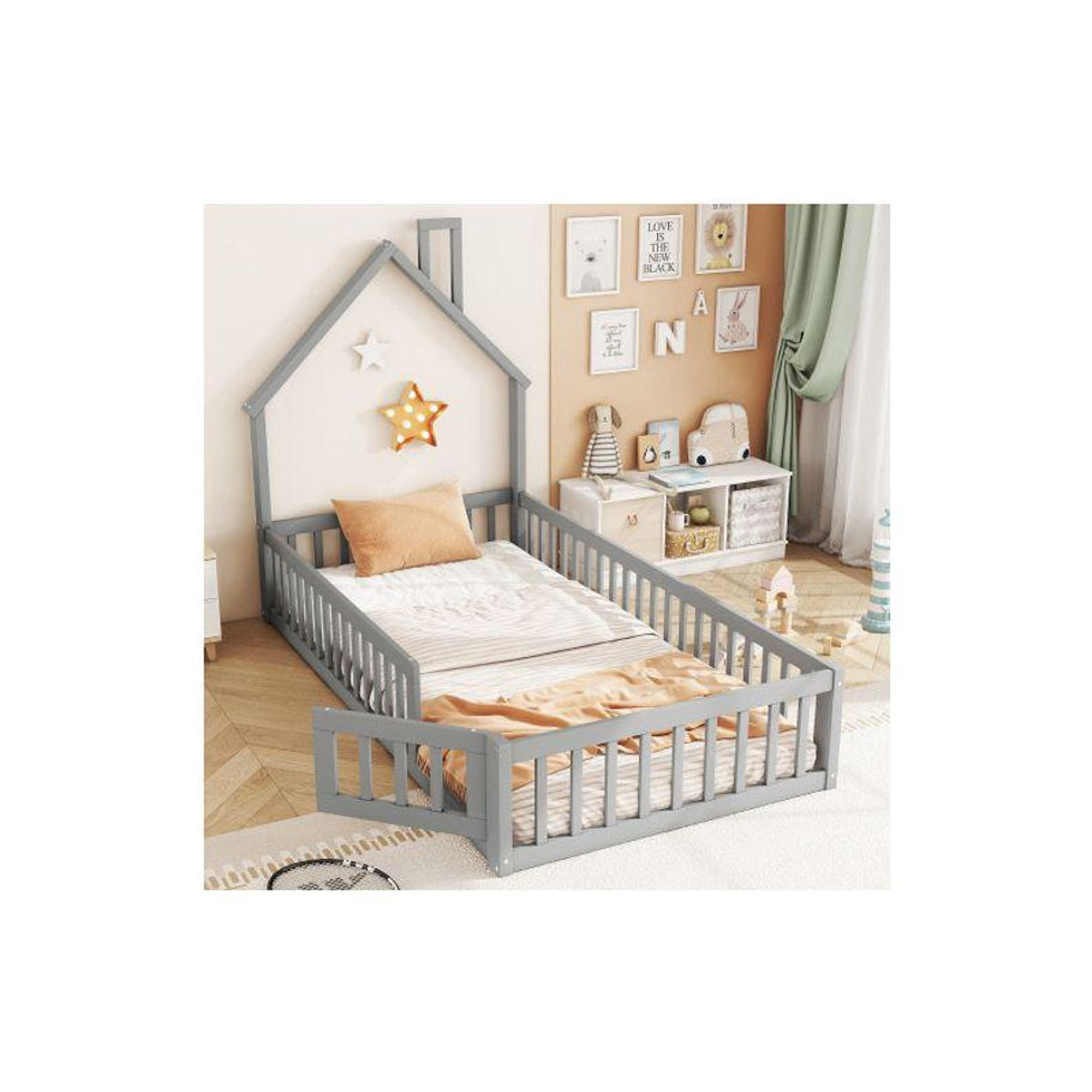 MUVOE Kinderbett mit Sicherheitsgitter im modernen Design, Grau, B: 90 cm, L: 200 cm - Bild 2