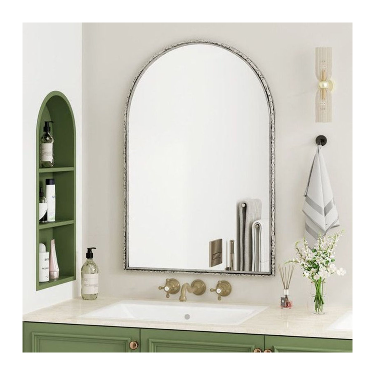 MUVOE Konvexer Wandspiegel in Silber, Bogenförmiger Dekorationsspiegel aus Metall und Glas im Bohemian-Stil - Bild 1
