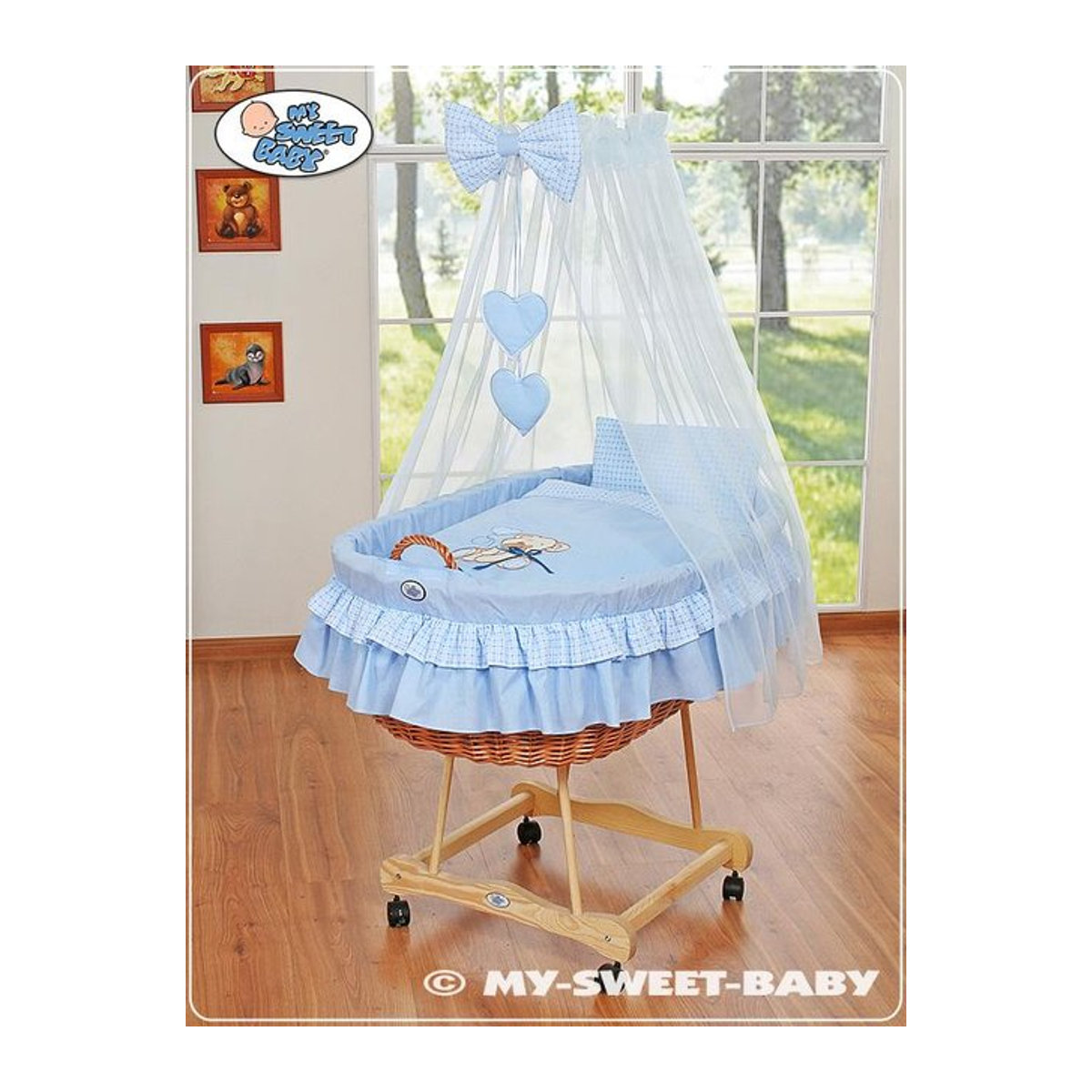 My Sweet Baby Moseskorb aus Holz mit Verdeck und Teddybär Design in Blau - Bild 1