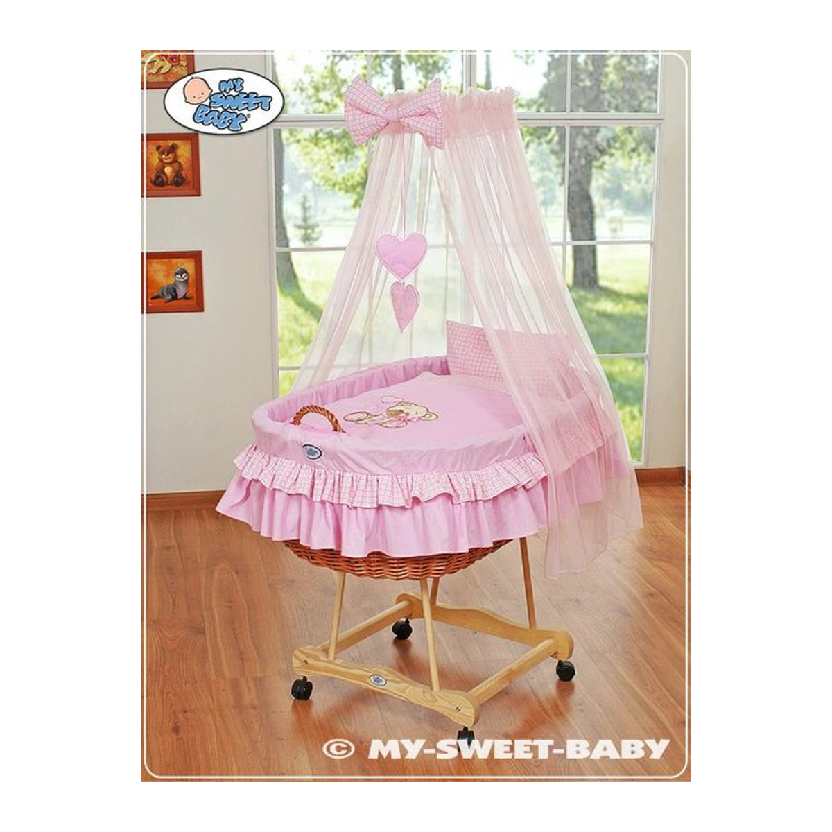 MY SWEET BABY Moseskorb aus Holz mit Verdeck und Teddybär Design in Rosa - Bild 1