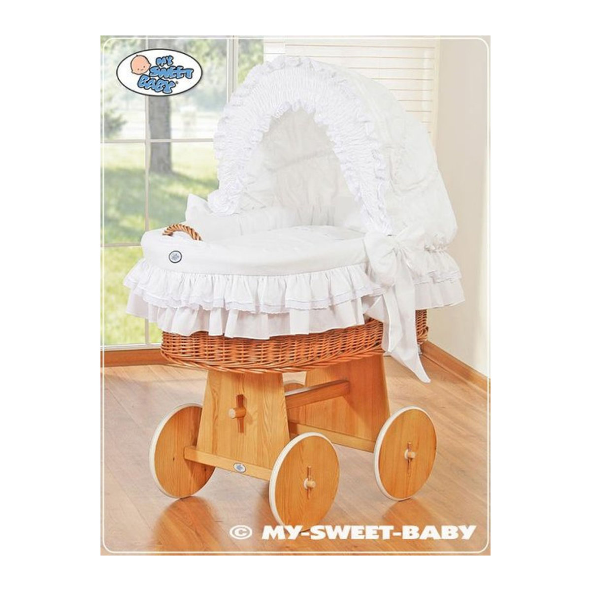 MY SWEET BABY Stubenwagen Kleiner Engel in Weiß und Natur im Landhausstil aus Rattan und Holz - Bild 1