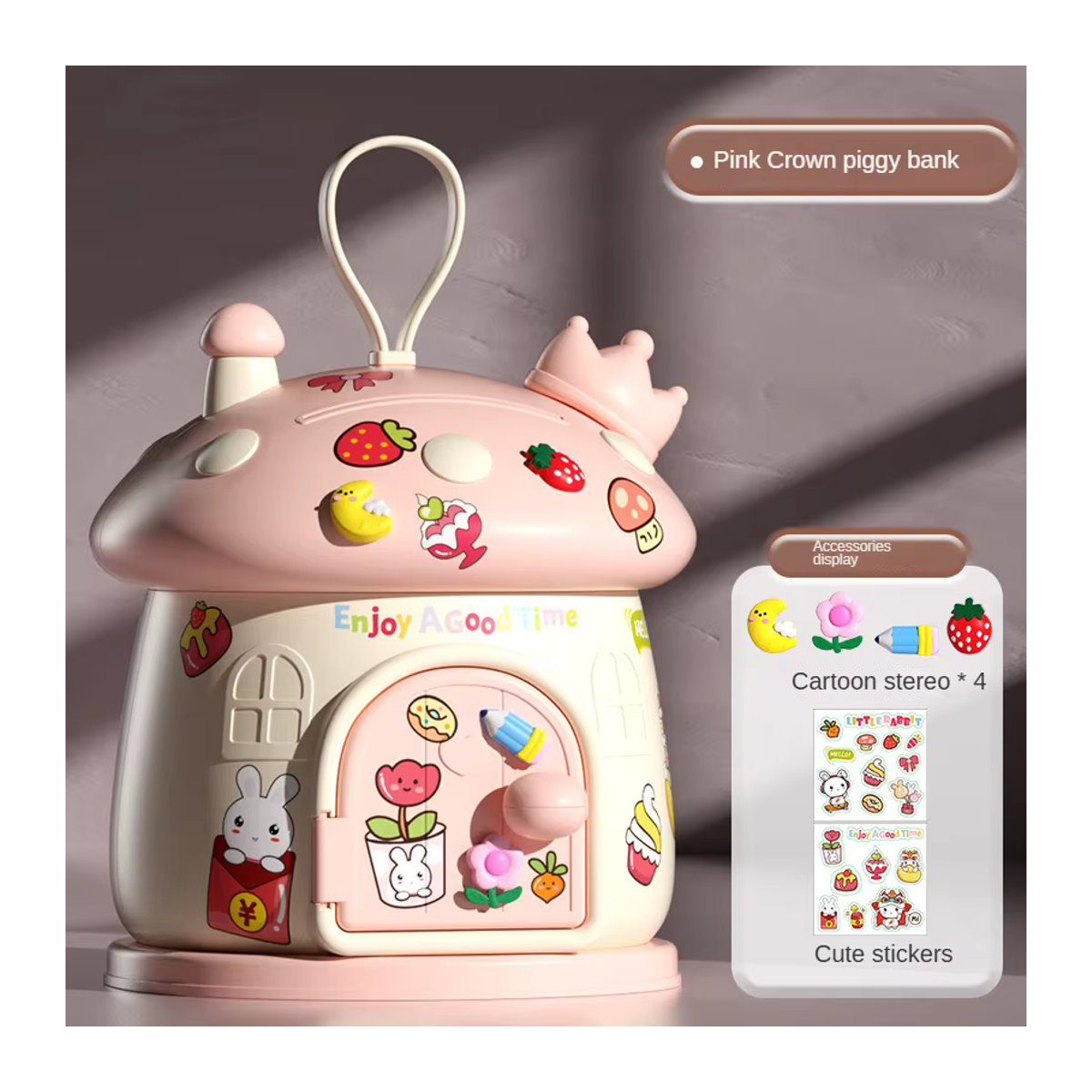 MYGVN 3D Pilz Sparschwein Aufkleber in Rosa für Kinder als kreatives DIY Desktop Ornament - Bild 1
