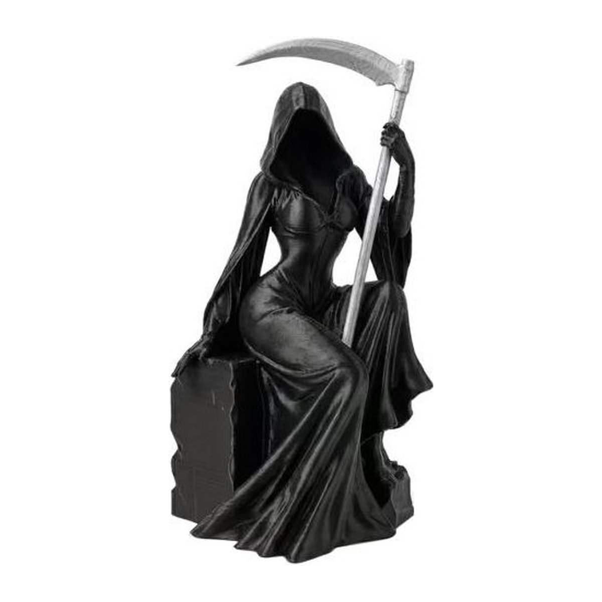 Mysteriöse weibliche Sensenmann Figur mit Sense in Schwarz, 3D-gedruckte gotische Skulptur aus Kunstharz für deine Schreibtisch-Dekoration - Bild 1