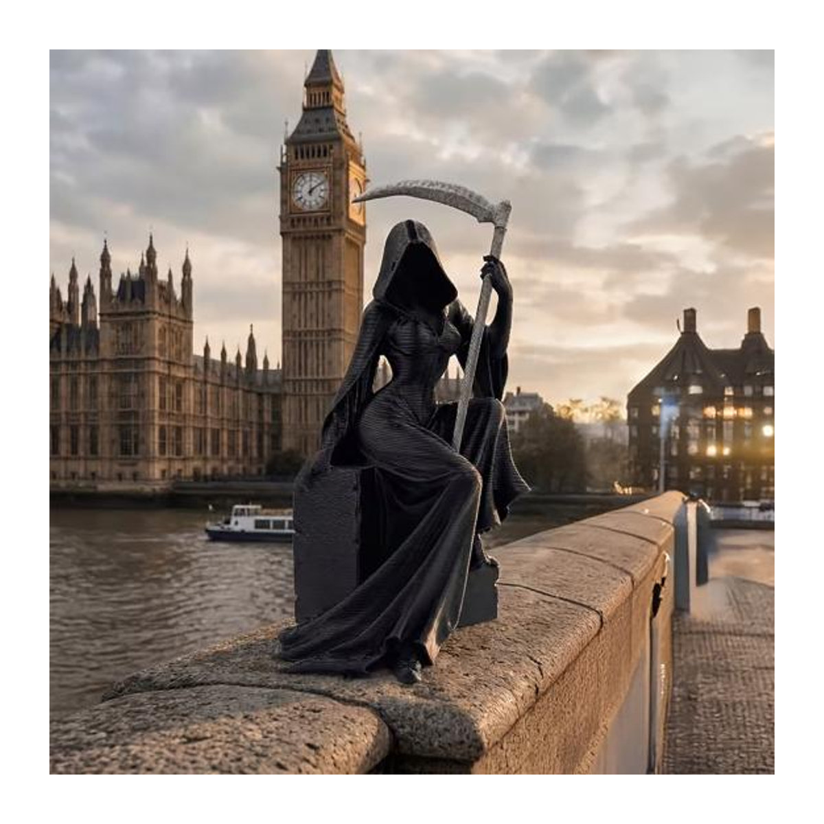 Mysteriöse weibliche Sensenmann Figur mit Sense in Schwarz, 3D-gedruckte gotische Skulptur aus Kunstharz für deine Schreibtisch-Dekoration - Bild 2