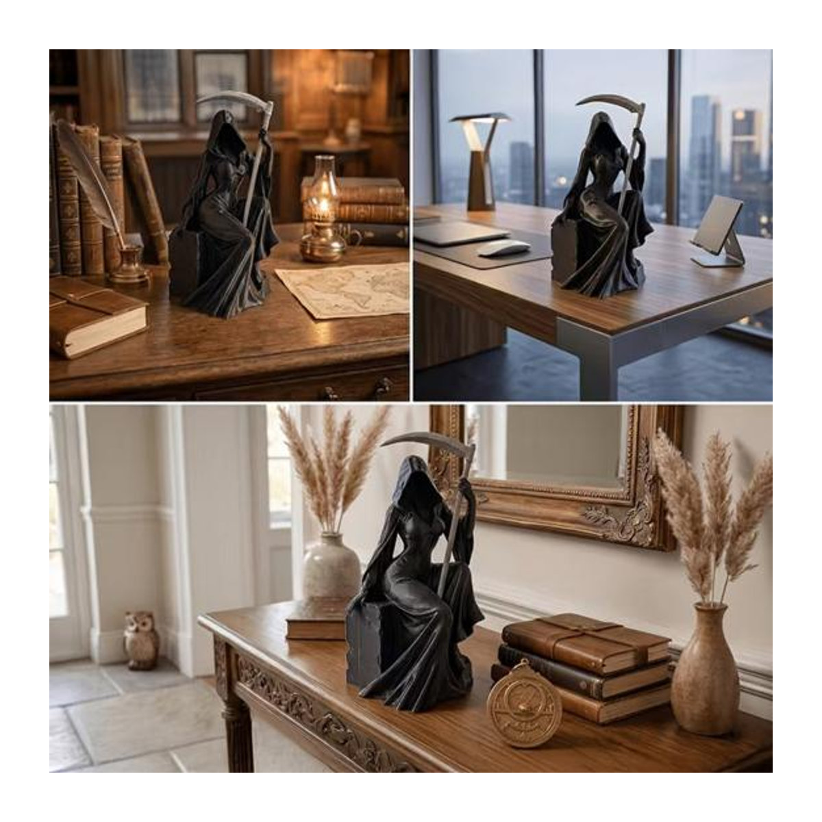 Mysteriöse weibliche Sensenmann Figur mit Sense in Schwarz, 3D-gedruckte gotische Skulptur aus Kunstharz für deine Schreibtisch-Dekoration - Bild 4