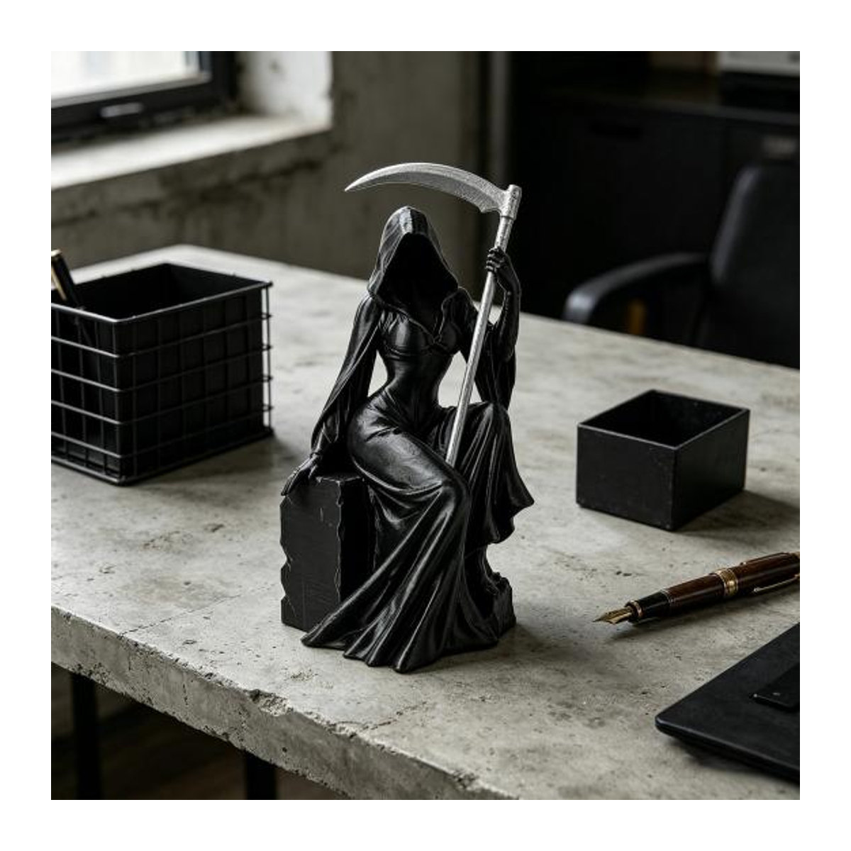 Mysteriöse weibliche Sensenmann Figur mit Sense in Schwarz, 3D-gedruckte gotische Skulptur aus Kunstharz für deine Schreibtisch-Dekoration - Bild 8