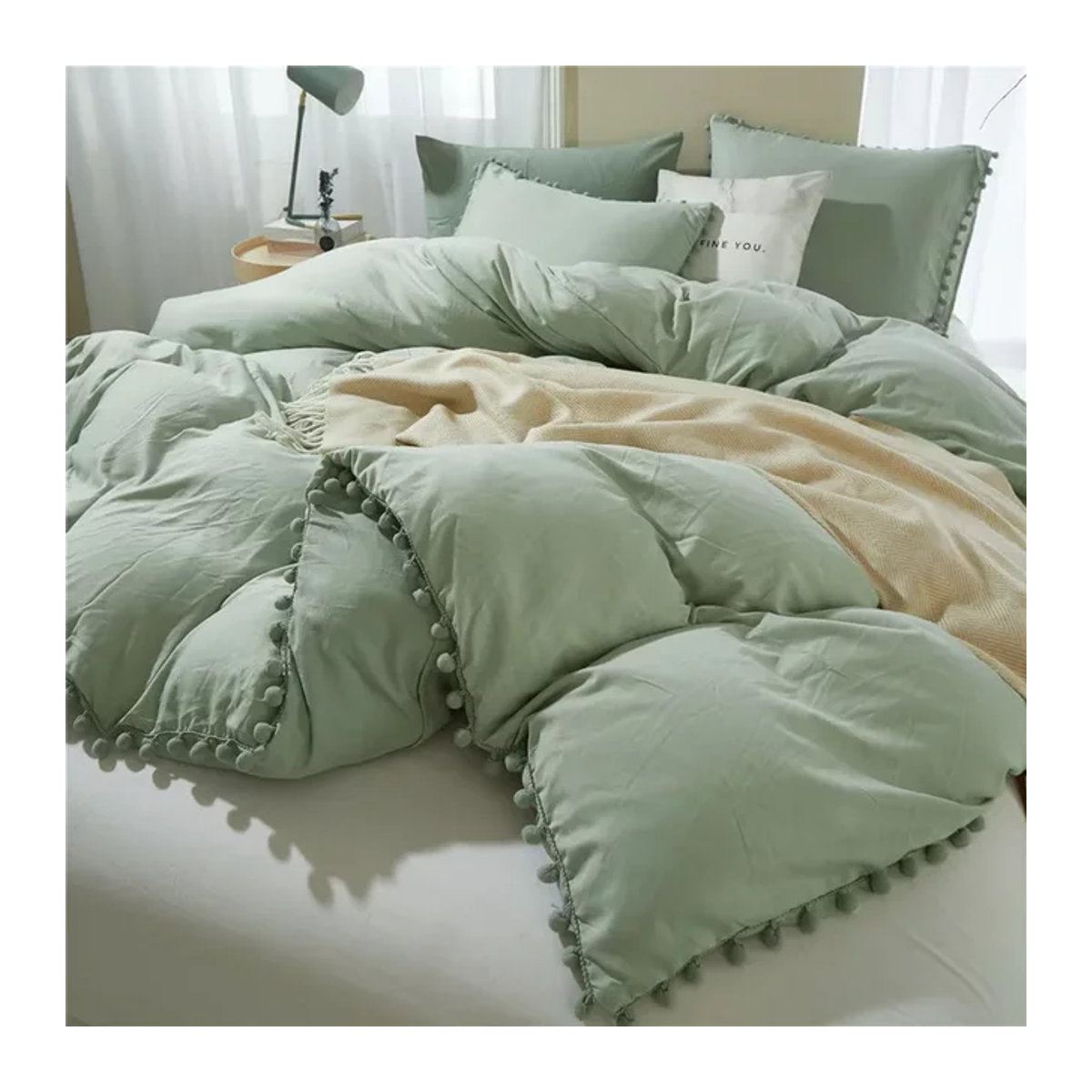 Mystybloom Bettwäsche-Set mit Pom-Pom Dekoration, 3-teilig, Grün - Bild 1