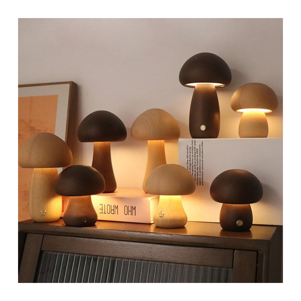 Mzvul Holzpilze Nachtlicht aus Nussbaum und Buche, dimmbar, warmweiß, USB aufladbar, Nachttischlampe in Braun - Bild 1