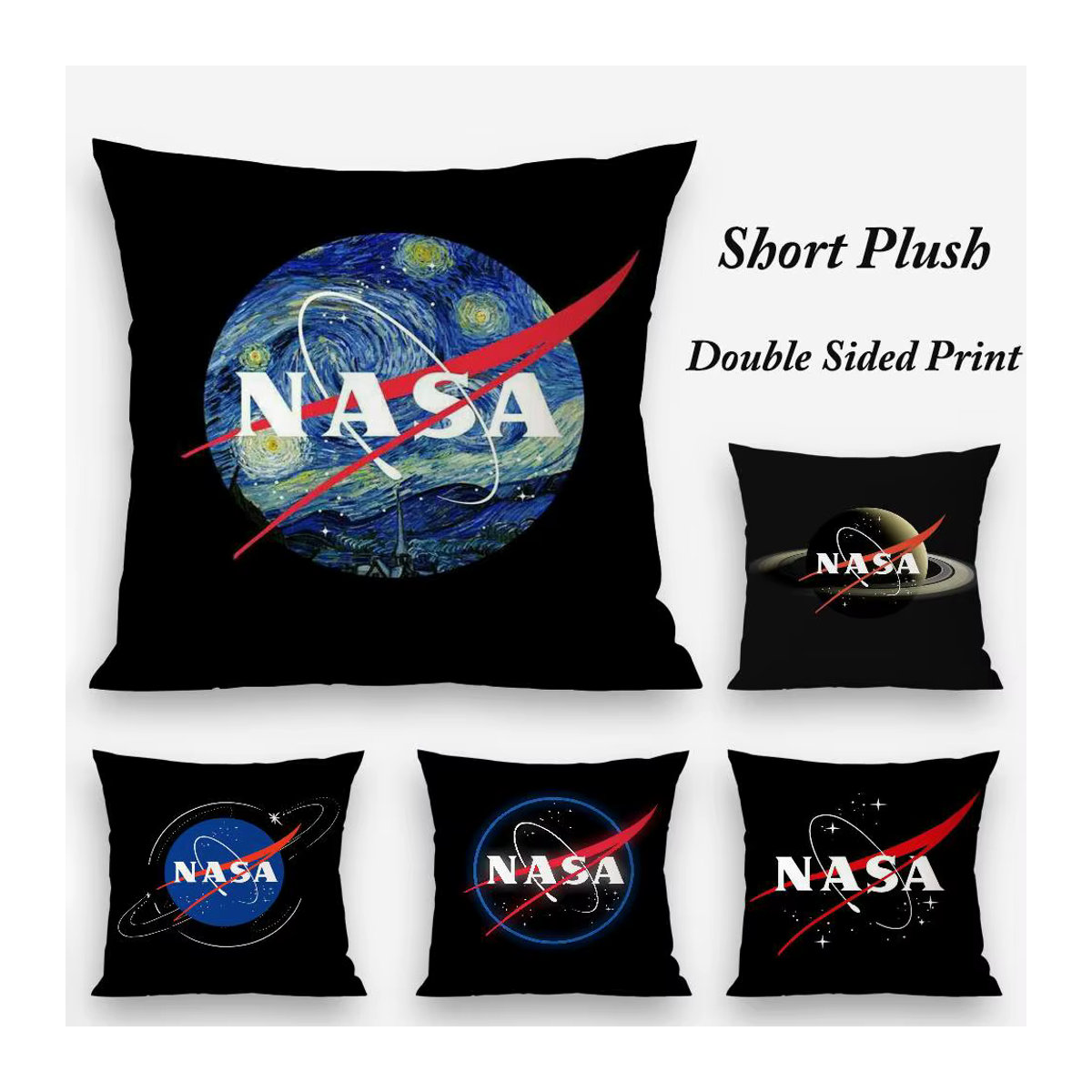 N-Nasa Space Kissenbezug aus weichem Plüschstoff in Schwarz, doppelseitig bedruckt und ästhetisch gestaltet - Bild 2