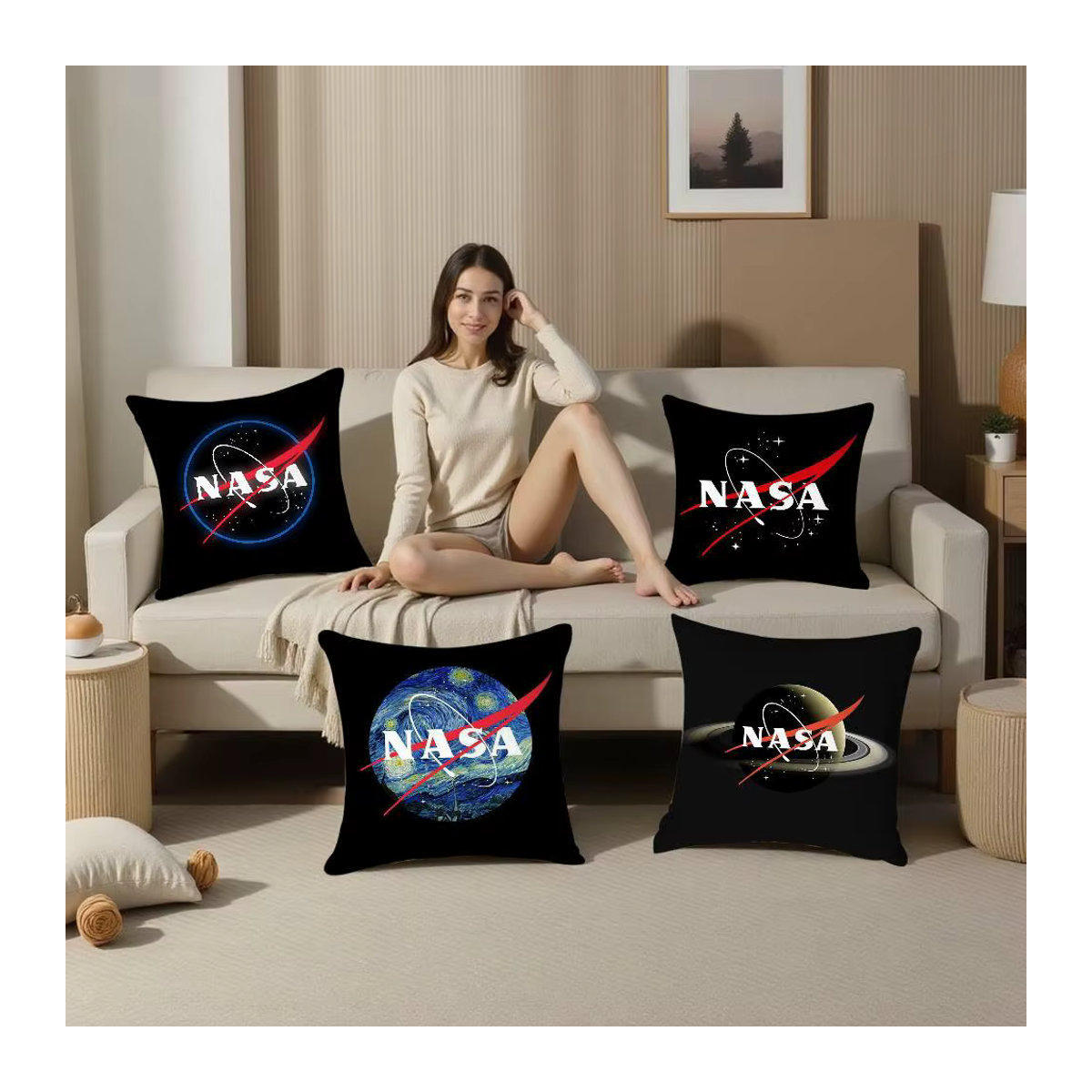N-Nasa Space Kissenbezug aus weichem Plüschstoff in Schwarz, doppelseitig bedruckt und ästhetisch gestaltet - Bild 4
