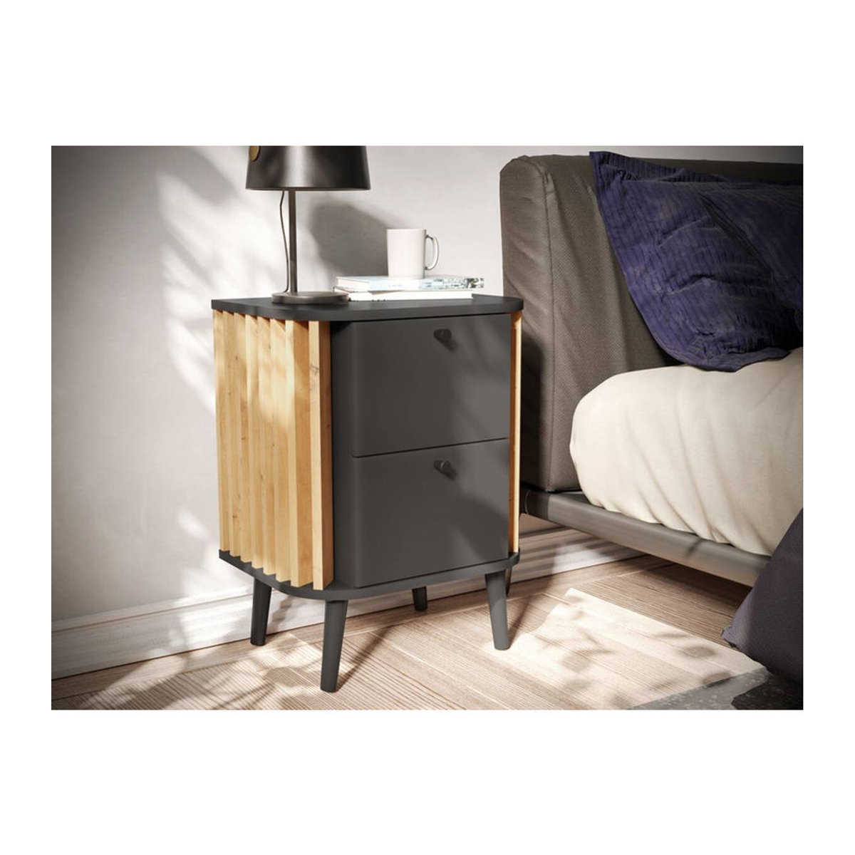 Nachttisch PURE von xonox.home in Grau Eiche mit 2 Schubladen, B/H/T: 45 x 60 x 33 cm - Bild 3