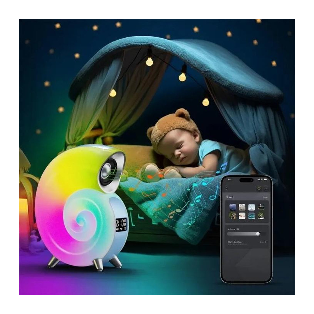 Nachttischlampe mit integriertem LED-Licht und Lautsprecher für Schlaflieder und Märchenwelten - Bild 2