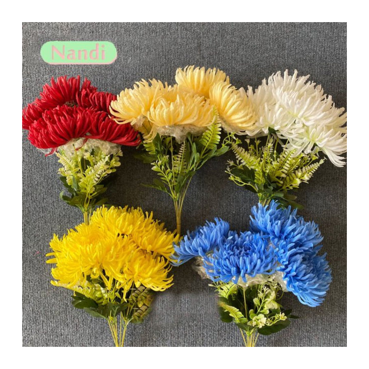 NANDI Chrysanthemen Bouquet aus künstlichen Blumen, 7-köpfiges Bouquet in Rot und Mehrfarbig für Hochzeits- und Heimdekoration - Bild 1