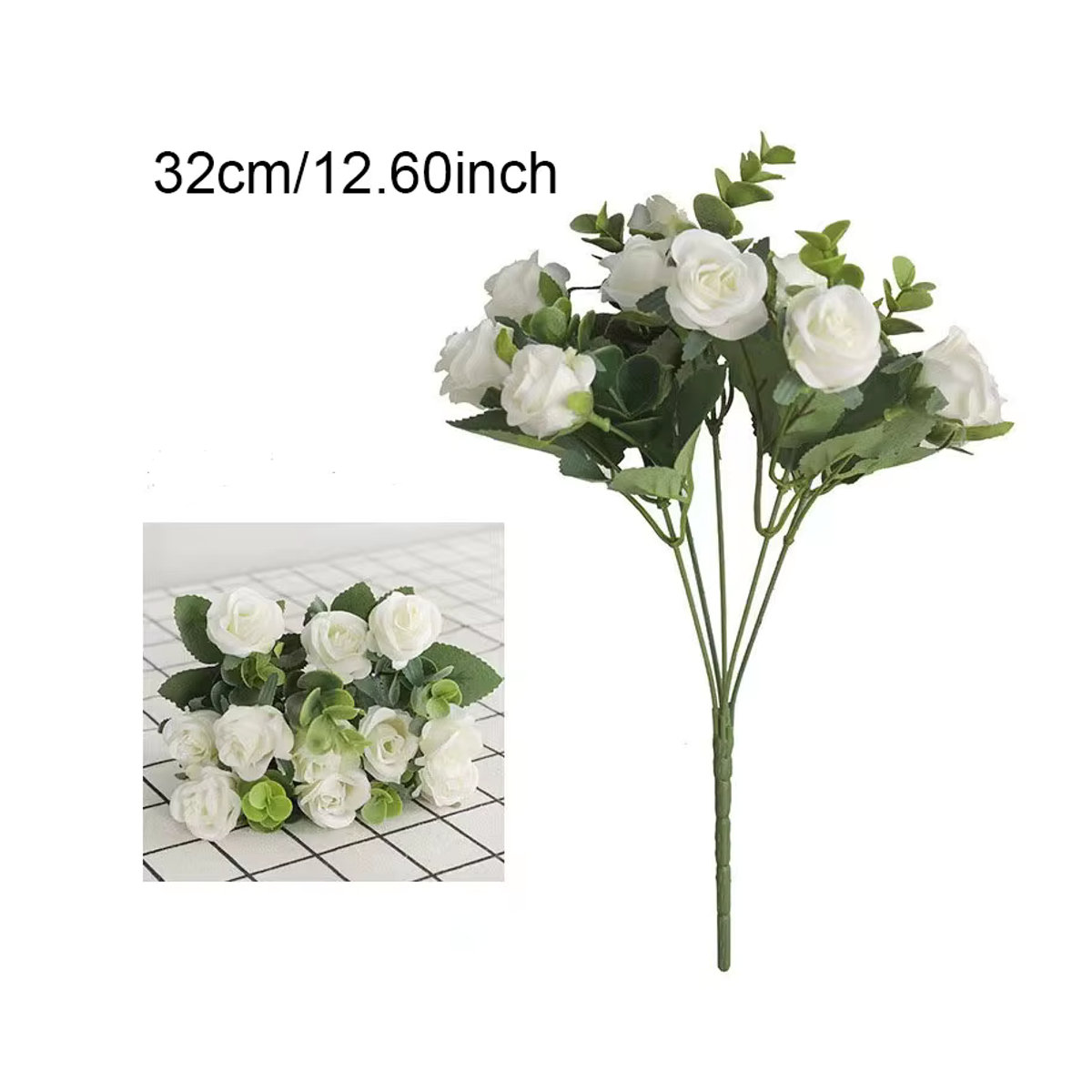 NANDI Kunstblumen Set aus weißen Rosen und Eukalyptusblättern für Hochzeiten und zur Tischdekoration - Bild 2
