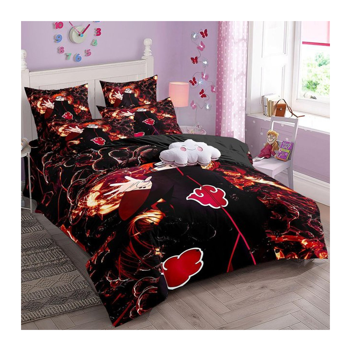 Naruto Akatsuki Bettwäscheset mit Deckenbezug und Kissenbezügen in Schwarz, 3-teilig, B/H: 200 x 200 cm - Bild 1