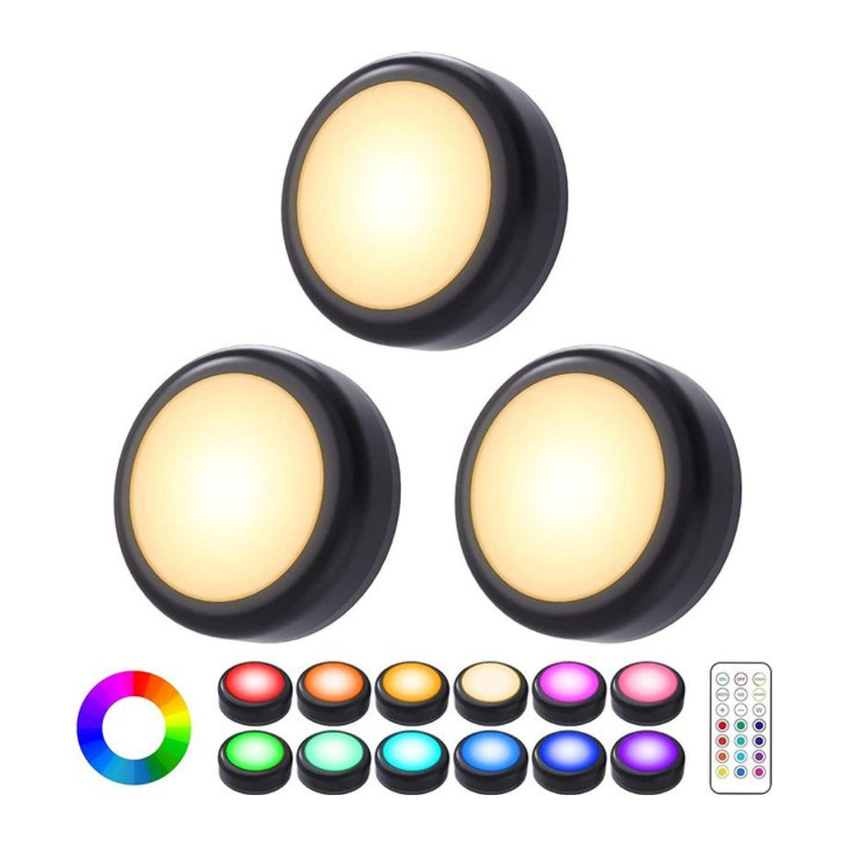 NATAWA 3er-Set RGB LED Nachtlichter mit Fernbedienung, dimmbare kabellose Unterbauleuchten aus Kunststoff für die Möbelbeleuchtung in der Küche, Bunt - Bild 1
