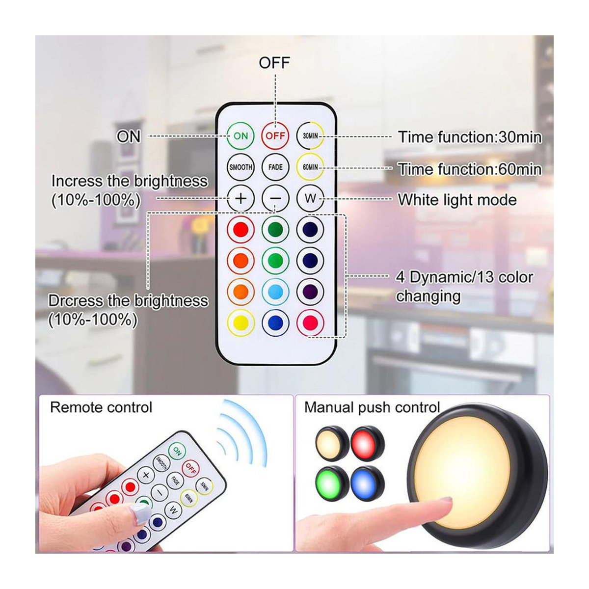 NATAWA 3er-Set RGB LED Nachtlichter mit Fernbedienung, dimmbare kabellose Unterbauleuchten aus Kunststoff für die Möbelbeleuchtung in der Küche, Bunt - Bild 4